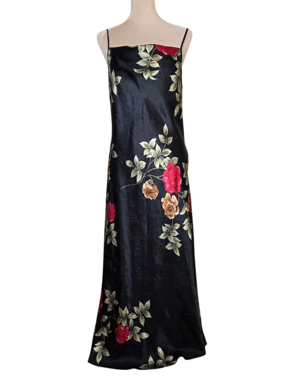 Vintage Floral Satin Slip Dress Maxi Cowl Neck Romantic Whimsigoth